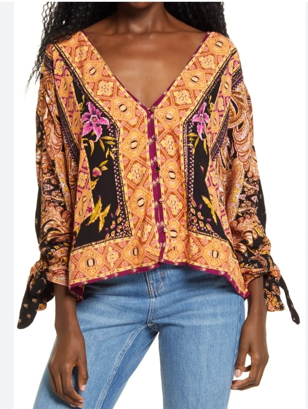 Free People Size XS Catch Me If You Can Blouse Button Front Printed Dark Combo